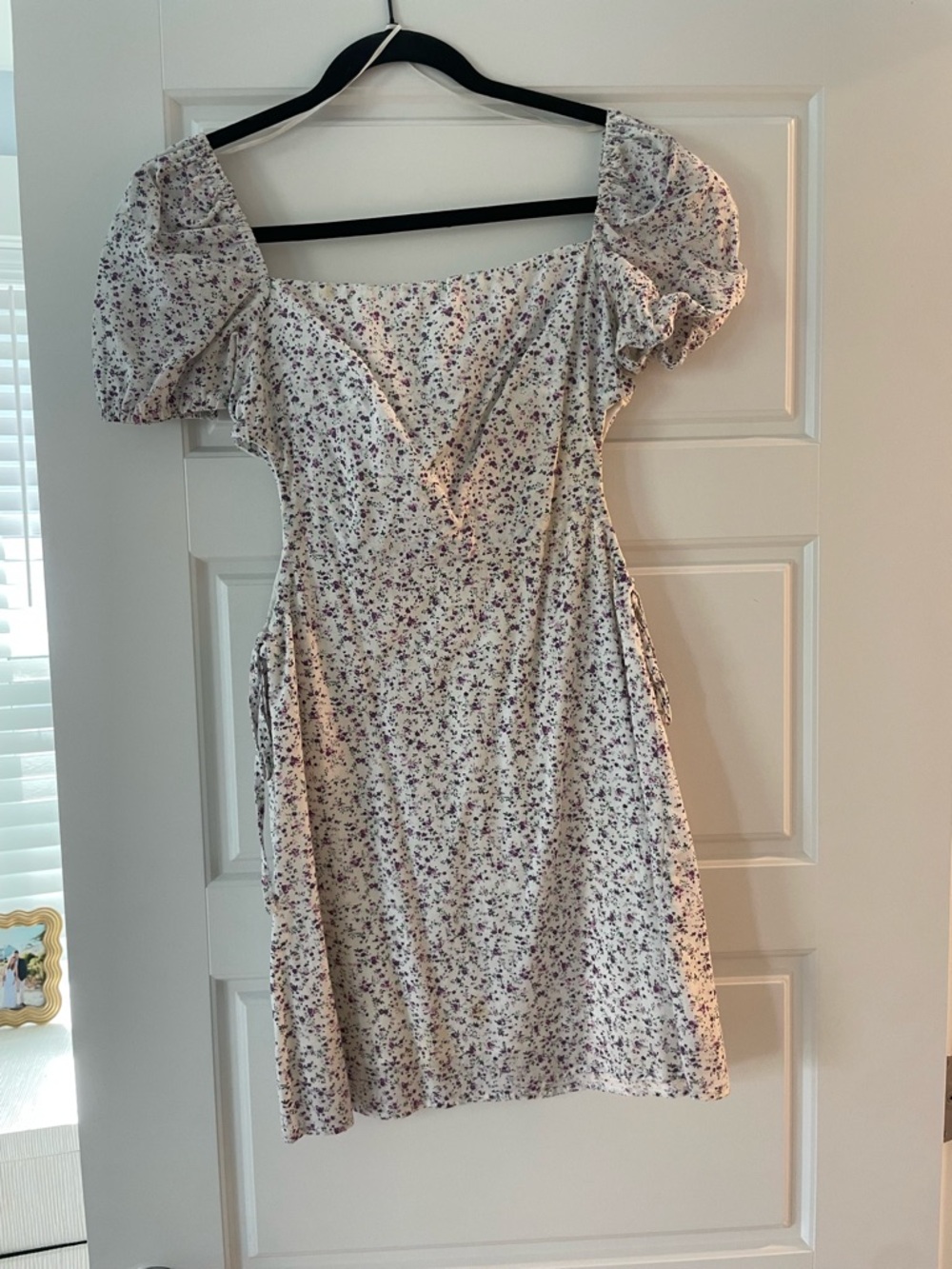 Square Neck Floral Puff-Sleeve Mini Dress - Purple Floral